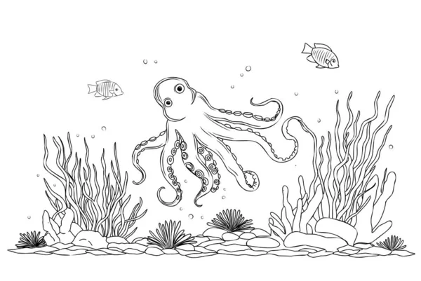 Colorir Livro Octopus Colorir Página Vida Oceano Com Algas — Vetor de Stock