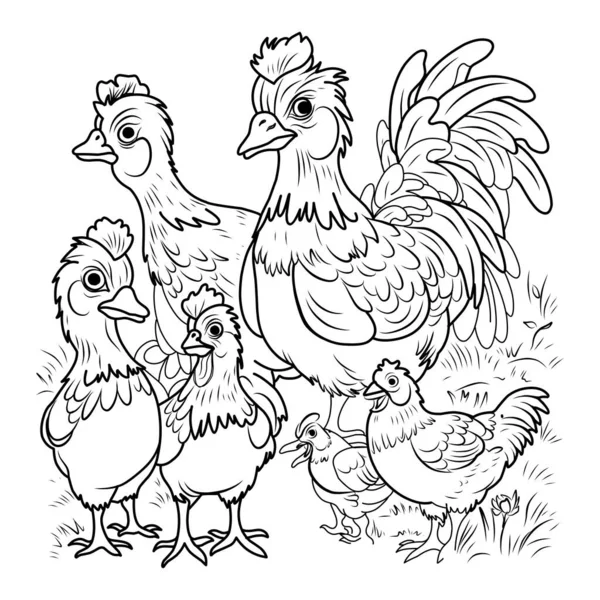 Bird Farm Coloring Page Hens Chicks Linear Illustration Coloring — Stock Vector