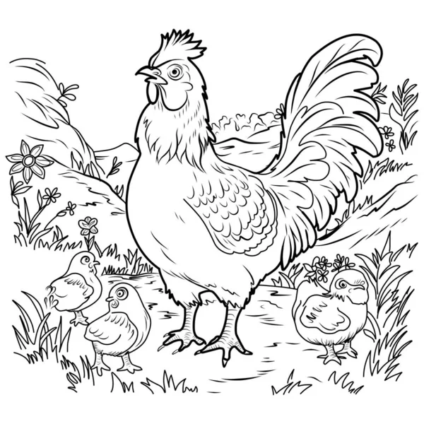 Vogelboerderij Kleurplaten Kippen Kuikens Lineaire Illustratie Voor Het Kleuren — Stockvector