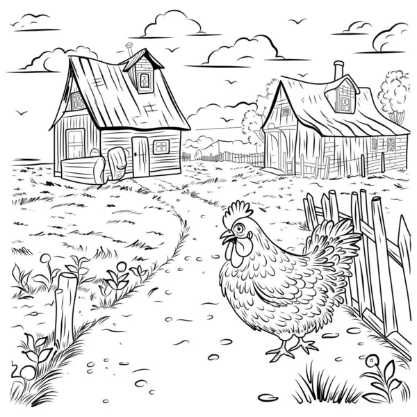 Madárfarm Színező Oldal Csirkék Tyúkok Lineáris Illusztrációja Színezéshez — Stock Vector