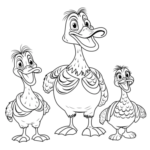 Duck Coloring Page Cartoon Ducklings Linear Illustration Coloring — Stock Vector