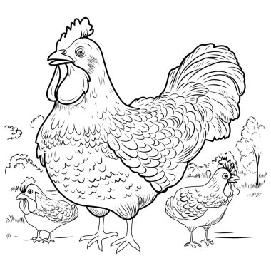 Piliçlerle renkli sayfa tavuğu. Sonra sevimli, komik karakterli, renkli çocuklar çiziyor. Kuş çiftliği.