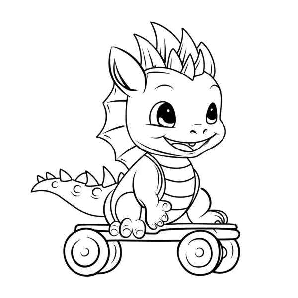 Koloring Page Smoka Deskorolce Dziecko Dragon Cute Zabawny Charakter Ilustracja — Wektor stockowy