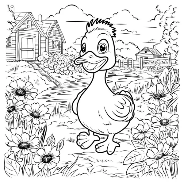 Kaczka Paski Kaczątko Cute Zabawny Charakter Ilustracja Liniowa Dzieci Kolorowania — Wektor stockowy