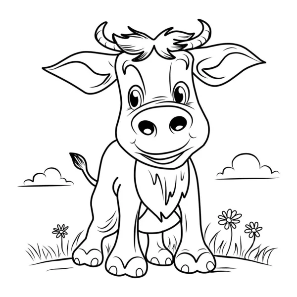 牛のページの着色 子牛かわいい面白いキャラクター線形イラスト子供のための着色 — ストックベクタ