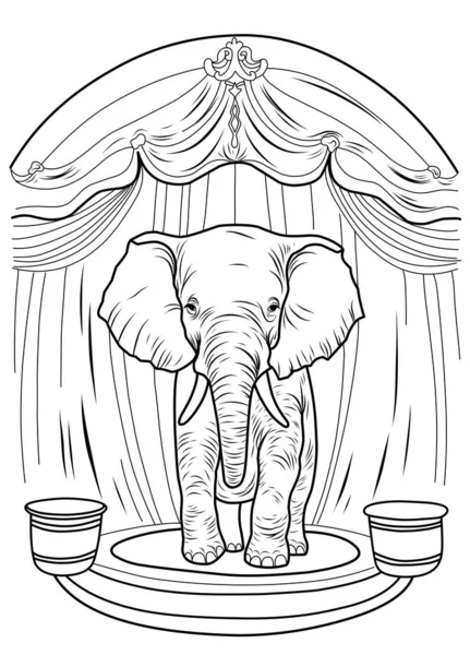 马戏团彩绘页上的大象 马戏团舞台上的大象彩绘页面 — 图库矢量图片