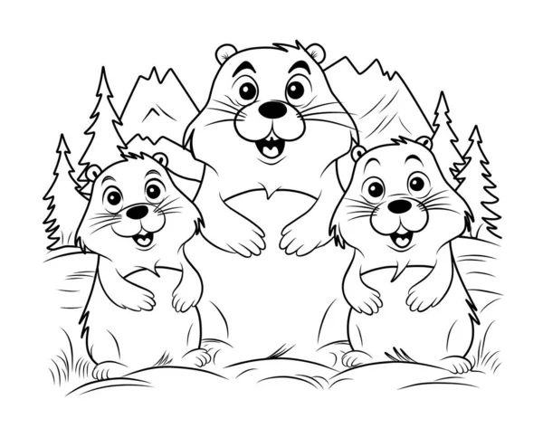 Groundhog Day Coloring Page Coloring Book Family Beavers Background Nature — Stock Vector