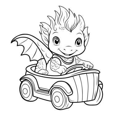 Cute dragon on the car.Simple line illustration for coloring.Dragon year 2024 coloring page clipart