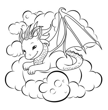 Tatlı ejderha bulutta uyuyor. Rüya. Renkler için basit bir çizgi çizimi. Ejderha yılı 2024 boyama sayfası.