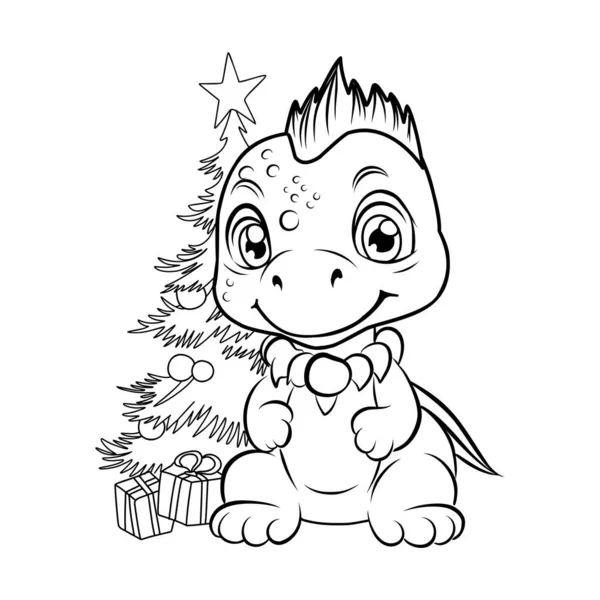 Christmas Dragon Buurt Van Kerstboom Eenvoudige Lijn Illustratie Voor Kleuren — Stockvector