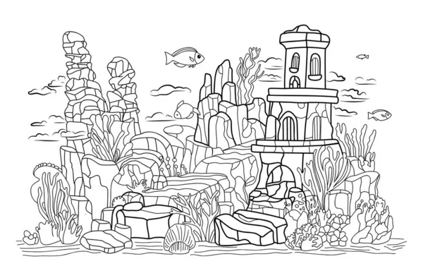 Märchenschloss Wasser Unterwasserwelt Einfache Linienillustration Für Malbuch Atlantis Malseite — Stockvektor