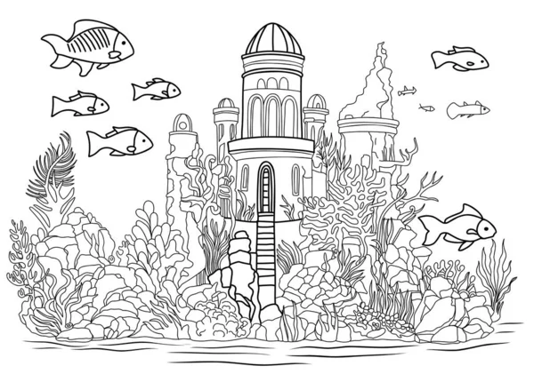 水边的童话城堡 水底世界 大西洋图书着色的简单线条插图 着色页 — 图库矢量图片