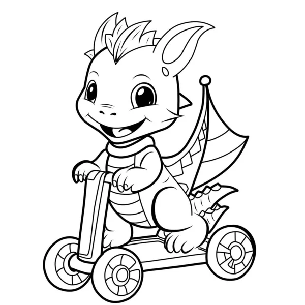 Dragão Bonito Scooter Simple Linha Ilustração Para Coloring Dragon Ano — Vetor de Stock