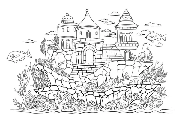 水边的童话城堡 水底世界 大西洋图书着色的简单线条插图 着色页 矢量图形