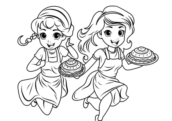 Dibujo Para Colorear Día Tortita Carrera Tortitas Las Mujeres Corren — Vector de stock