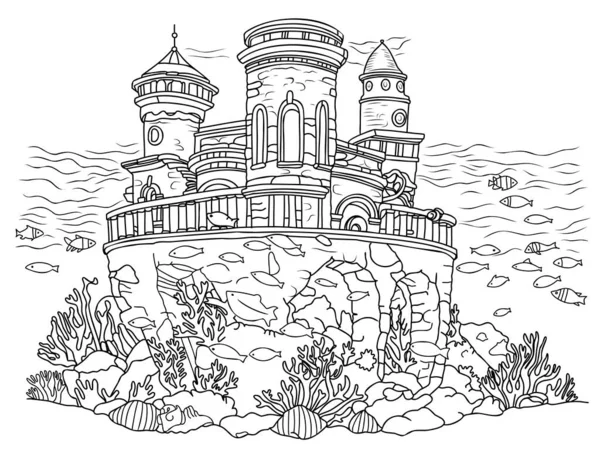 Undervattensvärlden Färgläggning Sida Färg Sida Atlantis Slott Vatten Royaltyfria illustrationer