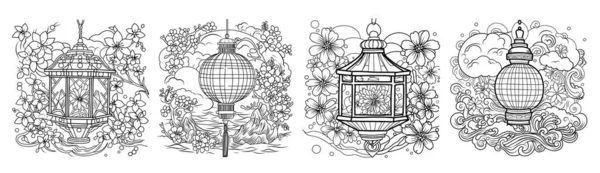 日式灯节 设置日本灯笼节彩页 纪念死者的彩灯彩页 图库插图
