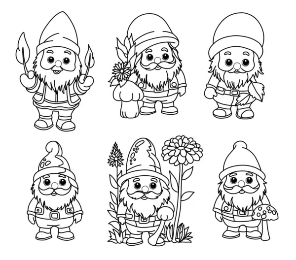 Set Coloring Pages Gnomes Autumn Coloring Page Stock Vector