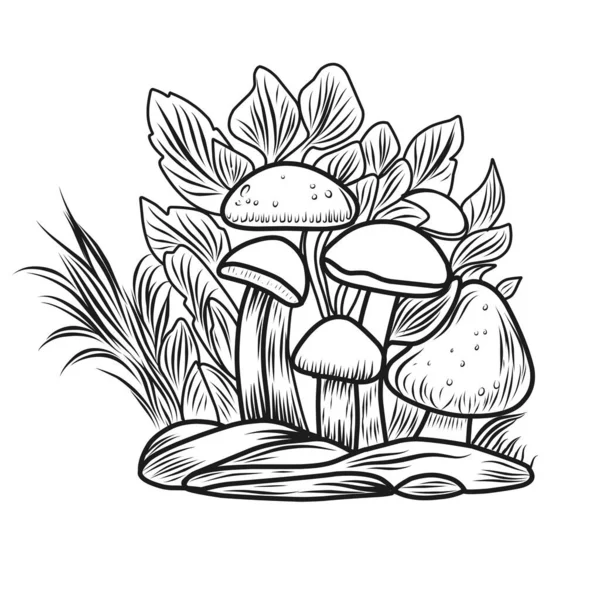 Cogumelos Para Colorir Página Composição Outono Ilustração Linear Autumn Livro — Vetor de Stock
