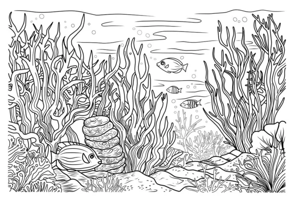 Undervattens Värld Färg Sida Färgläggning Sida Liv Havet Med Alger Royaltyfria illustrationer