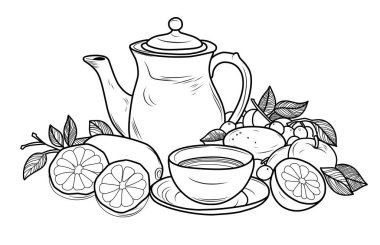 Çay ve limonlu çaydanlık boyama sayfası. Kahvaltı hala hayattadır..