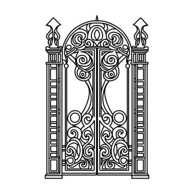 Antique Metal Geçidi. İşlenmiş demir çift katlı bahçe kapılarının beyaz çiziminde siyah. Kilise kapısı parşömen ve yapraklarla dolu..