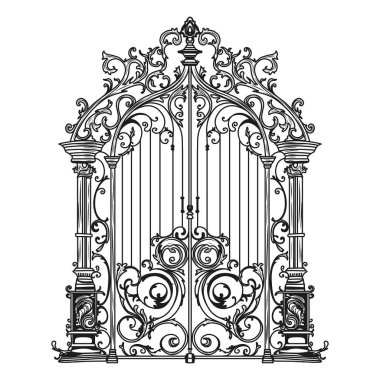 Antique Metal Geçidi. İşlenmiş demir çift katlı bahçe kapılarının beyaz çiziminde siyah. Kilise kapısı parşömen ve yapraklarla dolu..
