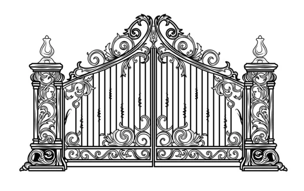 Antique Metal Gate Negro Sobre Blanco Boceto Hierro Forjado Pliegue — Vector de stock