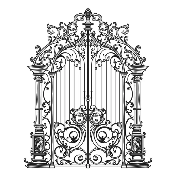 Antique Metal Geçidi. İşlenmiş demir çift katlı bahçe kapılarının beyaz çiziminde siyah. Kilise kapısı parşömen ve yapraklarla dolu..