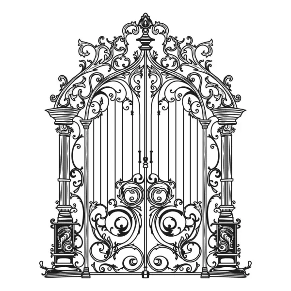 Анімація Metal Gate Чорний Білому Ескізі Кованих Двоскладних Садових Дверей Стокова Ілюстрація