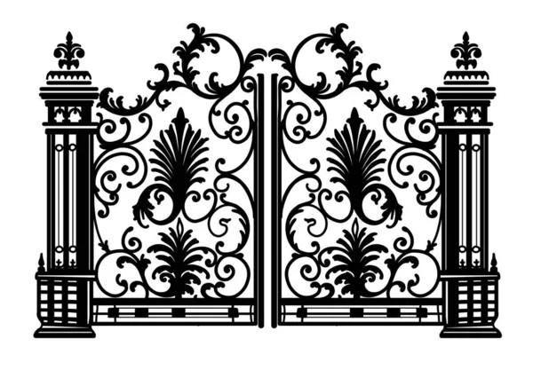 Antique金属气态 铁制双折花园门白色草图上的黑色 教堂大门 有卷轴和叶子 免版税图库插图