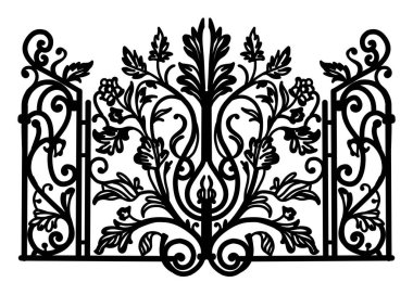 Antique Metal Geçidi. İşlenmiş demir çift katlı bahçe kapılarının beyaz çiziminde siyah. Kilise kapısı parşömen ve yapraklarla dolu..