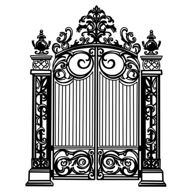 Antique Metal Geçidi. İşlenmiş demir çift katlı bahçe kapılarının beyaz çiziminde siyah. Kilise kapısı parşömen ve yapraklarla dolu.