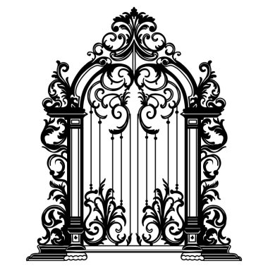 Antique Metal Geçidi. İşlenmiş demir çift katlı bahçe kapılarının beyaz çiziminde siyah. Kilise kapısı parşömen ve yapraklarla dolu.