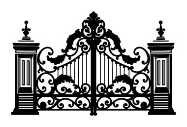 Antique Metal Geçidi. İşlenmiş demir çift katlı bahçe kapılarının beyaz çiziminde siyah. Kilise kapısı parşömen ve yapraklarla dolu.