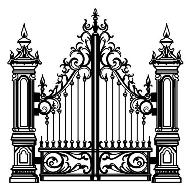 Antique Metal Geçidi. İşlenmiş demir çift katlı bahçe kapılarının beyaz çiziminde siyah. Kilise kapısı parşömen ve yapraklarla dolu.