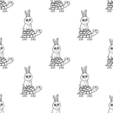 Kaplumbağanın üzerinde tavşan resmi olan kusursuz bir vektör çizimi.