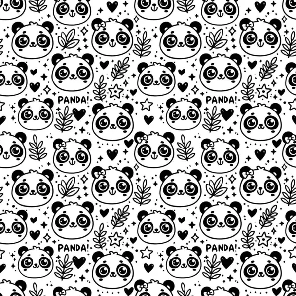 Şirin Kawaii pandalarının yüzleri. Pandalar, yapraklar, kalpler ve kawai elementleriyle kusursuz vektör deseni.. 