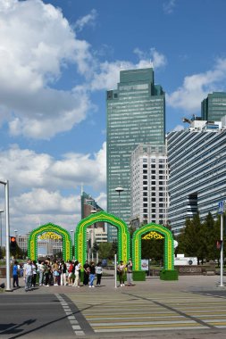 Astana (Nur-Sultan), Kazakistan 06.26.2021: Astana 'daki Ultra modern binalar (Nur-Sultan), Kazakistan' ın başkenti