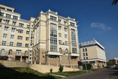 Astana (Nur-Sultan), Kazakistan 08.08.2023: Astana 'daki modern binalar (Nur-Sultan), Kazakistan' ın başkenti