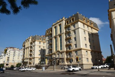 Astana (Nur-Sultan), Kazakistan 08.08.2023: Astana 'daki modern binalar (Nur-Sultan), Kazakistan' ın başkenti