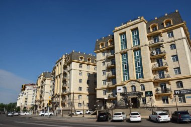 Astana (Nur-Sultan), Kazakistan 08.08.2023: Astana 'daki modern binalar (Nur-Sultan), Kazakistan' ın başkenti