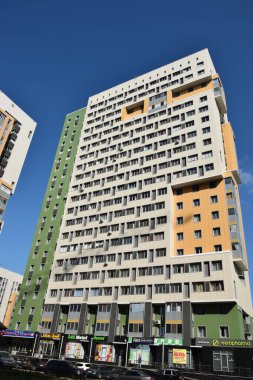 Astana (Nur-Sultan), Kazakistan 08.07.2023: Astana 'daki modern binalar (Nur-Sultan), Kazakistan' ın başkenti