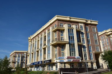 Astana (Nur-Sultan), Kazakistan 08.08.2023: Astana 'daki modern binalar (Nur-Sultan), Kazakistan' ın başkenti