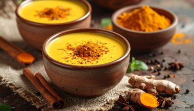 Seramik kasede hindistan cevizi sütü köpüğü, karabiber, desenli arka plan, hafif ışık..  