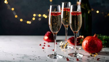 Nar tohumlu şampanya kokteyli flüt, altın kenarlı, mermer, şenlikli konfeti..  