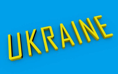3D text UKRAINE on a blue background. Events in the country. Conflict.