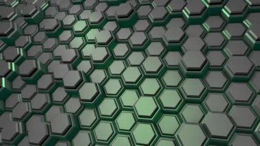 Gri-yeşil altıgenlerin soyut dinamik fütüristik arka planı. Dekorasyon veya giriş için ekran koruyucu. 3d canlandırma canlandırması.