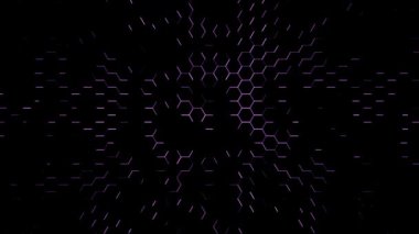 Siyah arka planda mor altıgenlerin video görüntüleri. Yüksek teknoloji. Giriş için ekran koruyucu. Canlandırma oluşturuluyor.