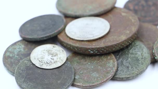 Stare Miedziane Monety Zbliżają Się Siebie Skarb Zbieram Materiał Wideo — Wideo stockowe